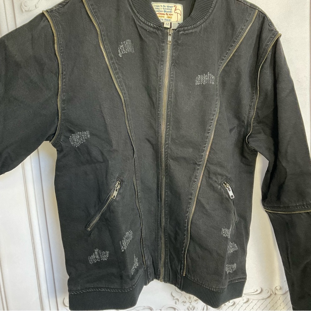 Sandrine Rose FREE PEOPLE Zip Bomber Black Denim Jacket Women’s Size Medium New - Picture 2 of 7